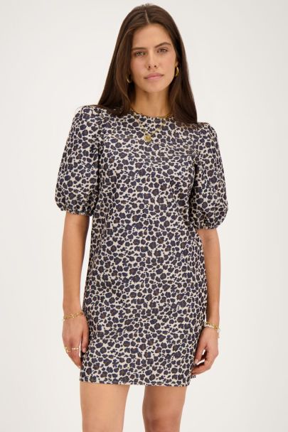 Panther print dress with bows and puff sleeves