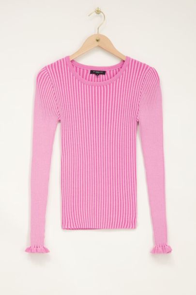 Pink sweater with stripes & ruffled sleeves