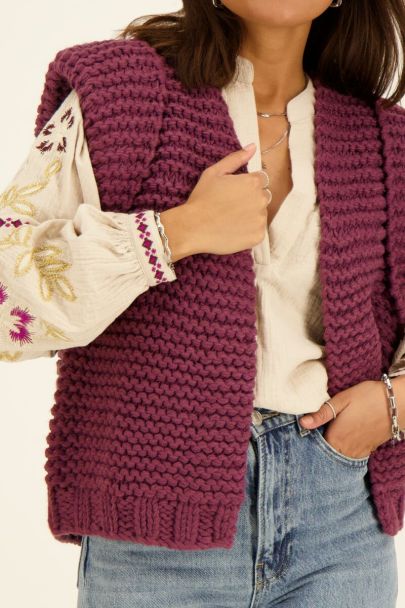 Purple cable knit gilet with shoulder padding