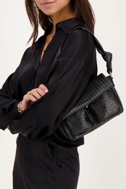 Black textured shoulder bag with two pockets