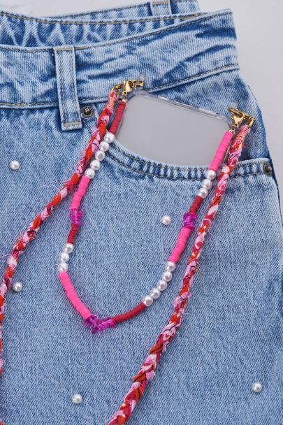 Cordon de téléphone rose avec perles