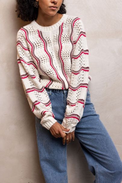White ajour sweater with red and pink stripes
