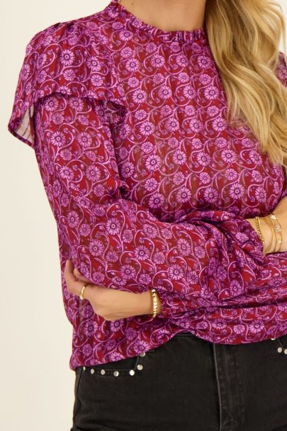 Purple blouse with floral print and lurex