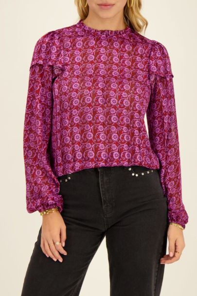 Purple blouse with floral print and lurex