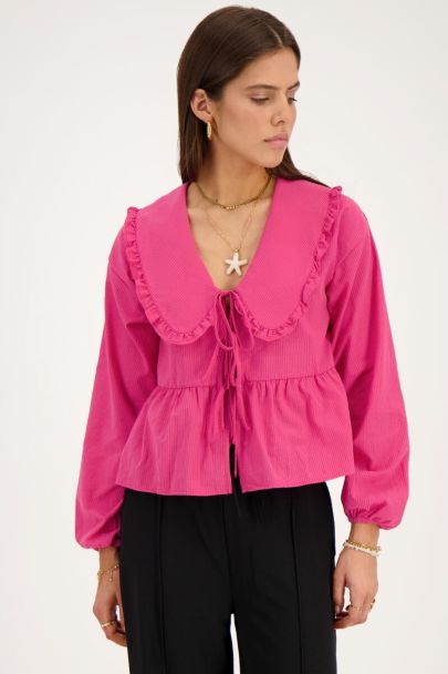 Gestreepte roze blouse met strikjes 
