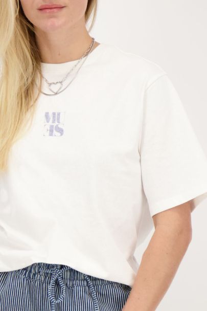 Wit T-shirt met blauwe denim fotoprint Muse
