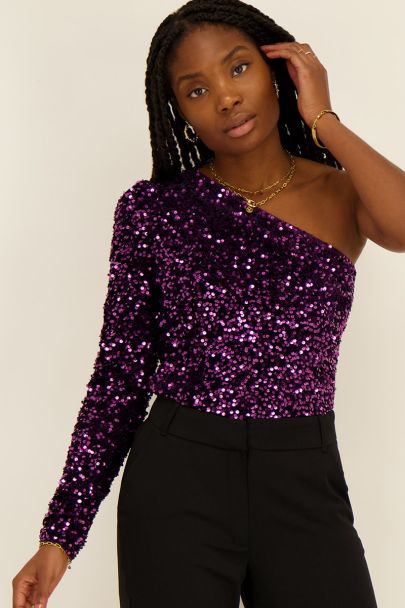 Purple one-shoulder top with sequins