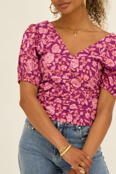 Purple pleated top with pink floral print