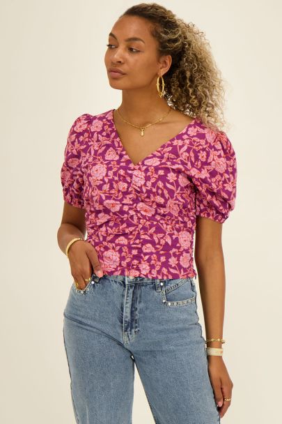 Purple pleated top with pink floral print