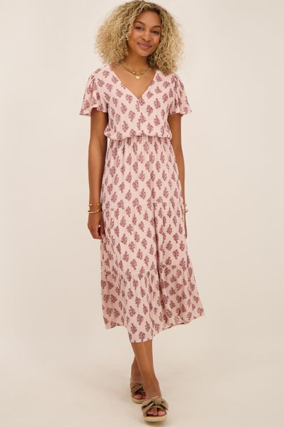 Pink printed deep V-neck midi dress 