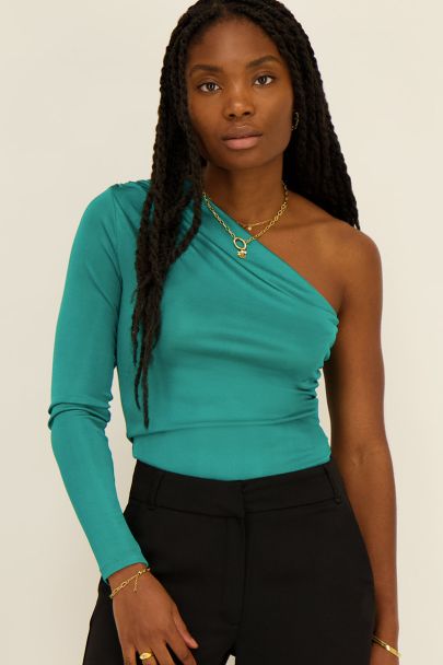 Turquoise shimmery one-shoulder top draped
