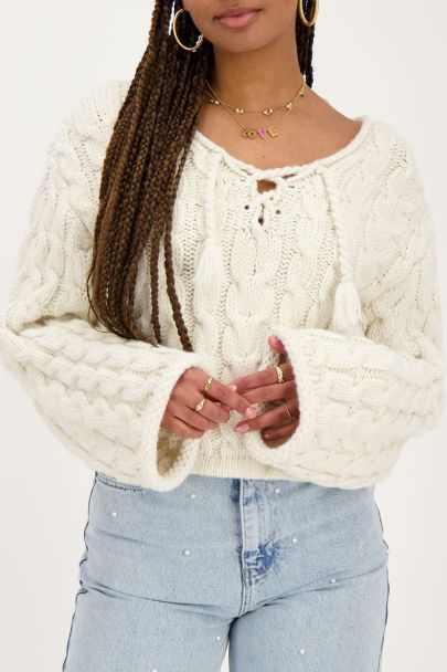 White cable knit sweater with drawstring