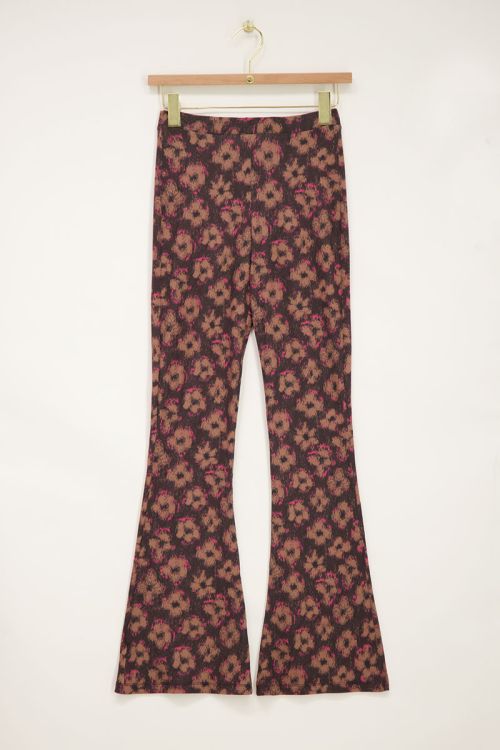Zwarte flared broek met bruin & roze bloemenprint | My Jewellery